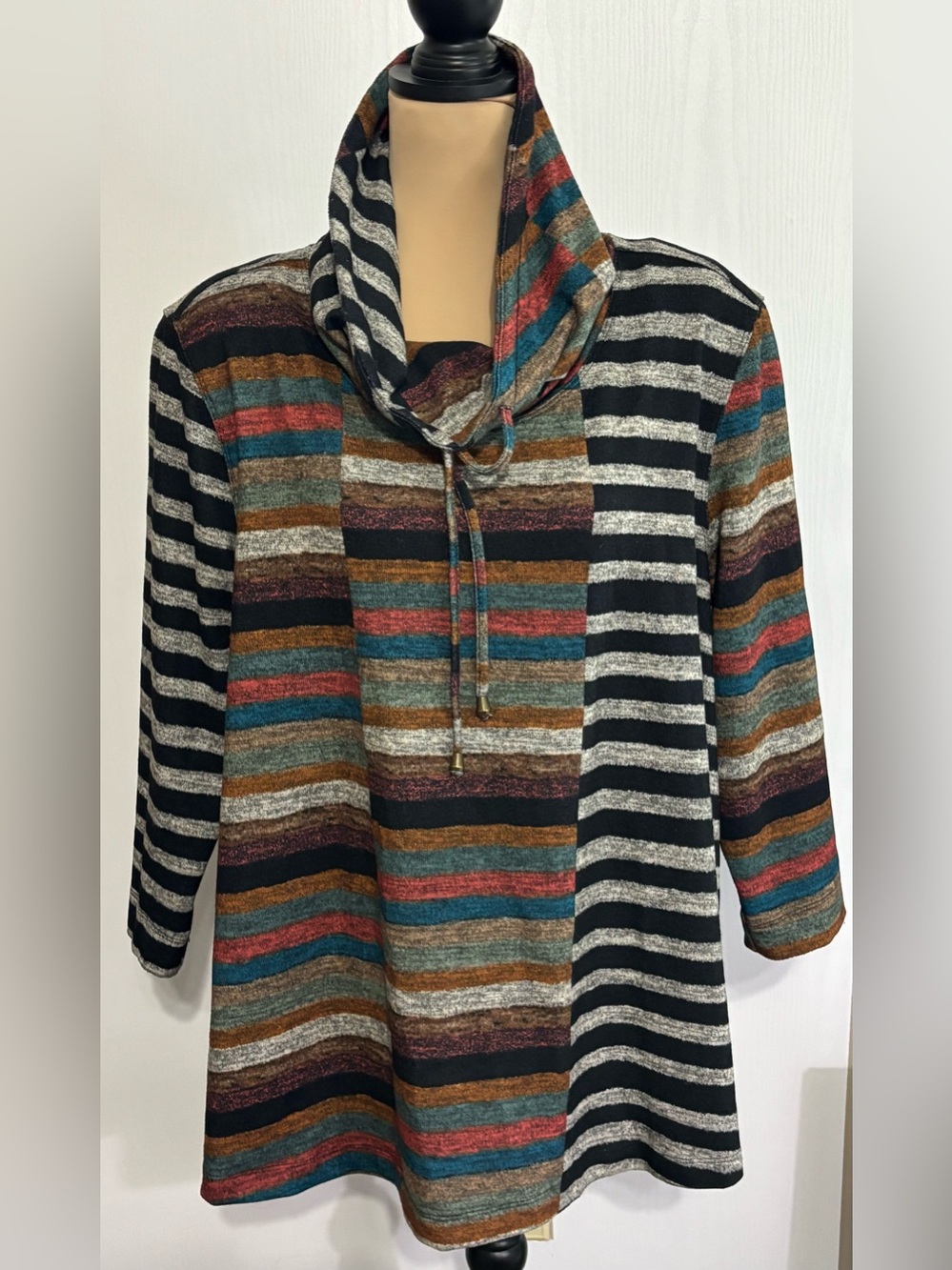 John Mark Tunic Womens Large Black Multicolor Striped Cowl Neck Pullover Artsy